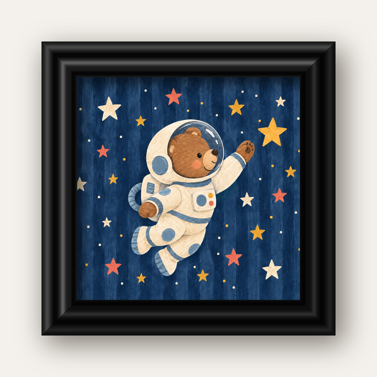 Astronot Ayıcık ve Yıldızlar Pastel Dijital Poster — siyah galeri çerçeveli