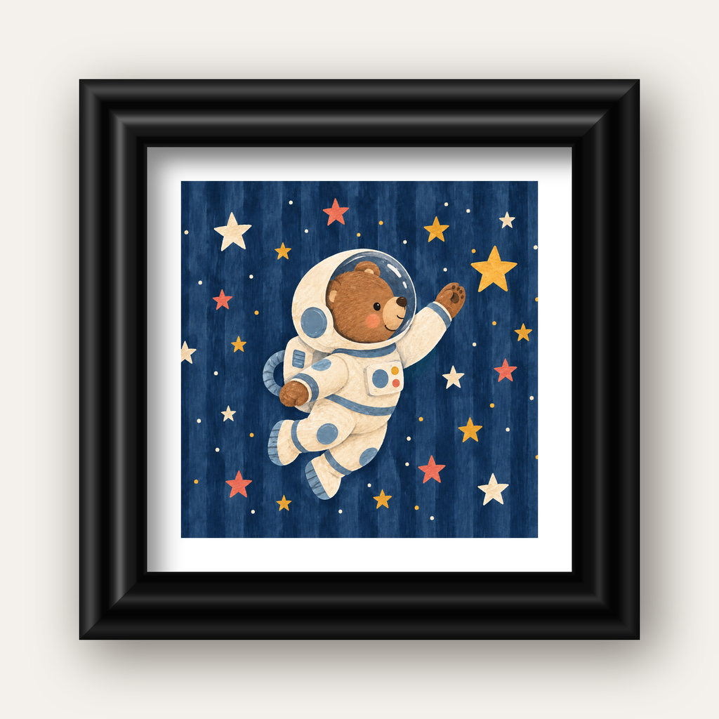 Astronot Ayıcık ve Yıldızlar Pastel Dijital Poster — siyah galeri çerçeveli paspartulu
