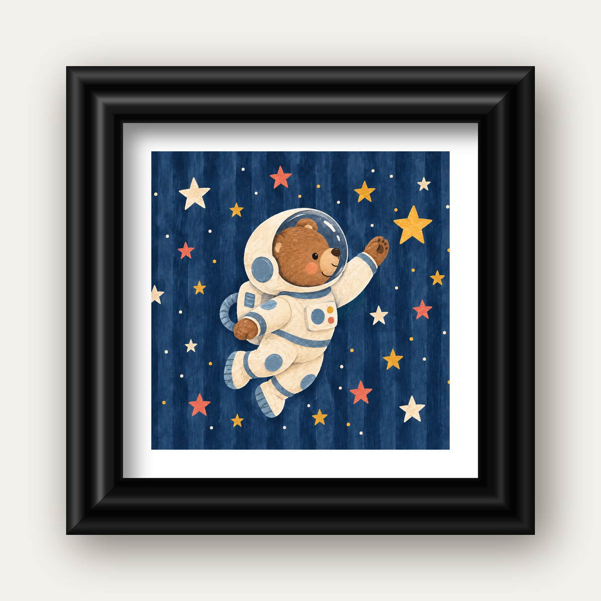 Astronot Ayıcık ve Yıldızlar Pastel Dijital Poster — siyah galeri çerçeveli paspartulu