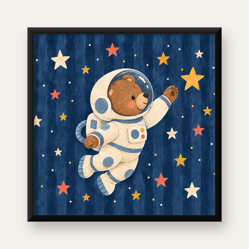 Astronot Ayıcık ve Yıldızlar Pastel Dijital Poster — Kare baskı, düz siyah çerçeveli duvar posteri