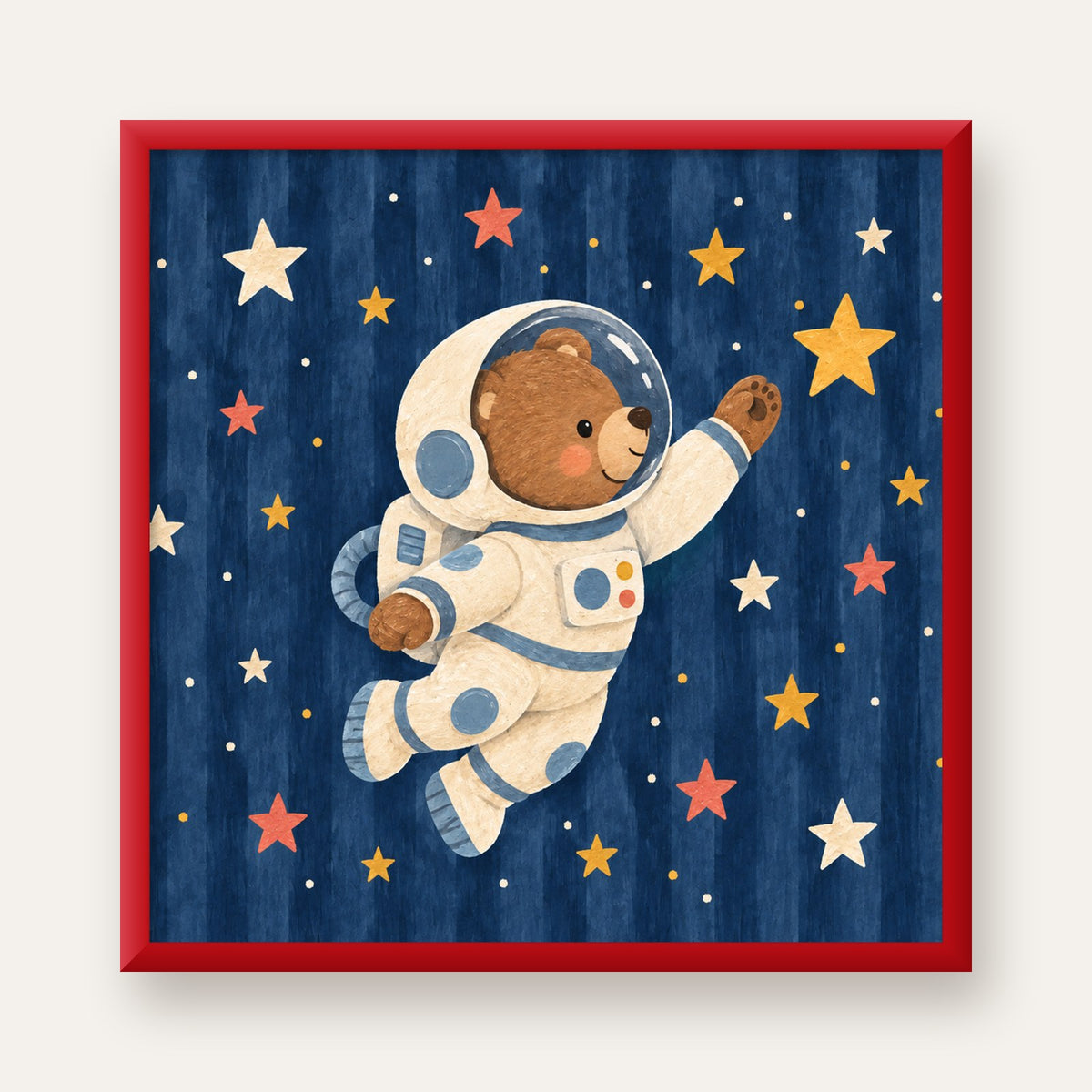 Astronot Ayıcık ve Yıldızlar Pastel Dijital Poster — kırmızı çerçeveli