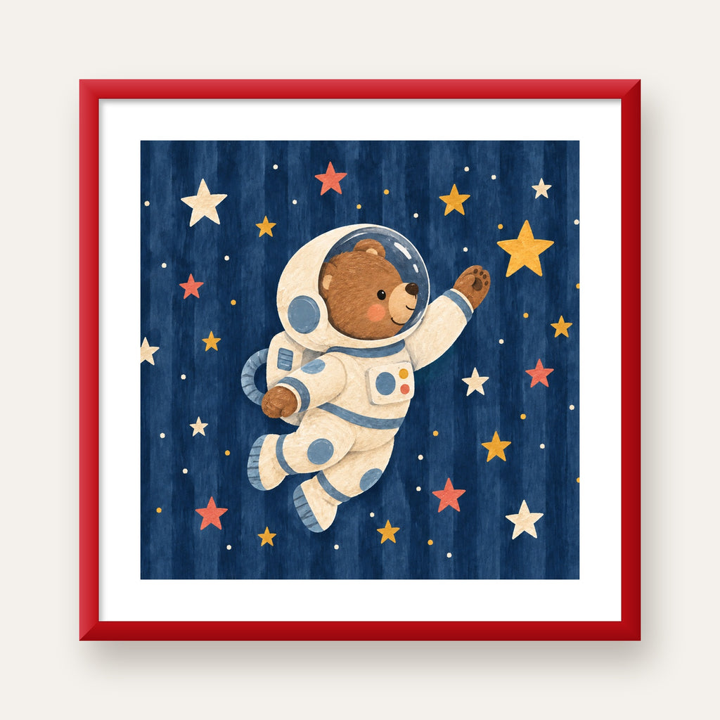 Astronot Ayıcık ve Yıldızlar Pastel Dijital Poster — kırmızı çerçeveli paspartulu