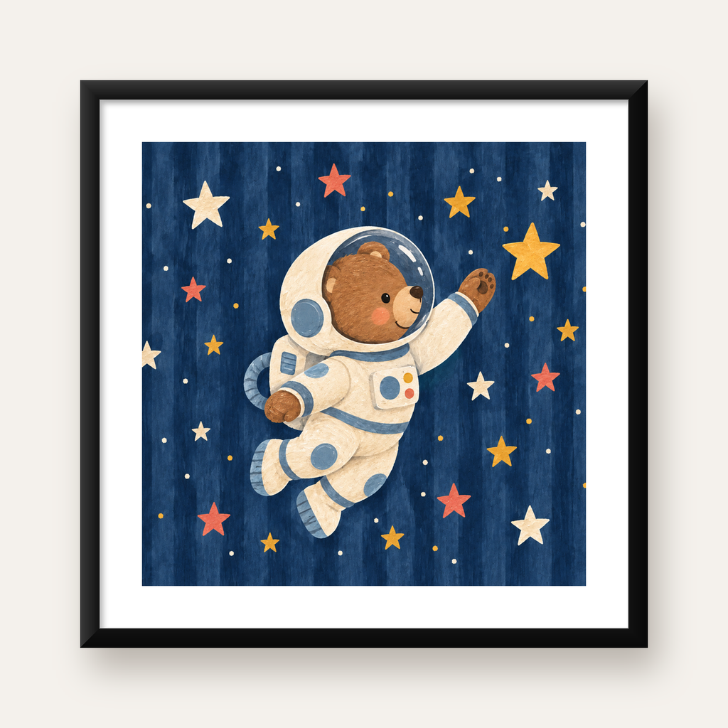 Astronot Ayıcık ve Yıldızlar Pastel Dijital Poster — Kare baskı, beyaz kenar boşluklu