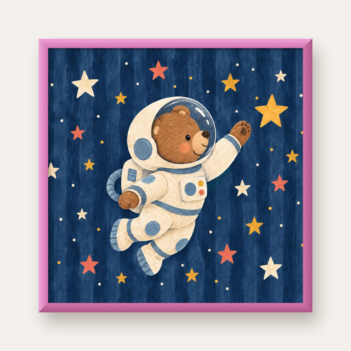 Astronot Ayıcık ve Yıldızlar Pastel Dijital Poster — pembe çerçeveli
