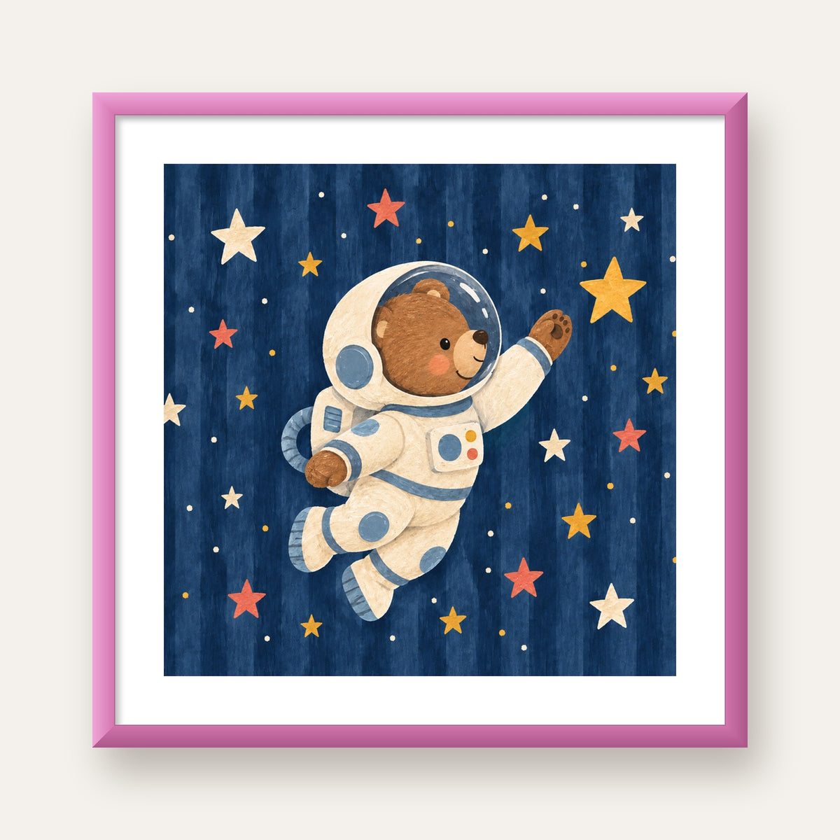 Astronot Ayıcık ve Yıldızlar Pastel Dijital Poster — pembe çerçeveli paspartulu