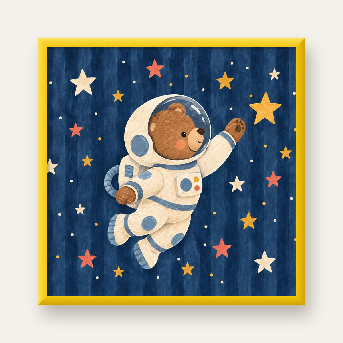 Astronot Ayıcık ve Yıldızlar Pastel Dijital Poster — sarı çerçeveli