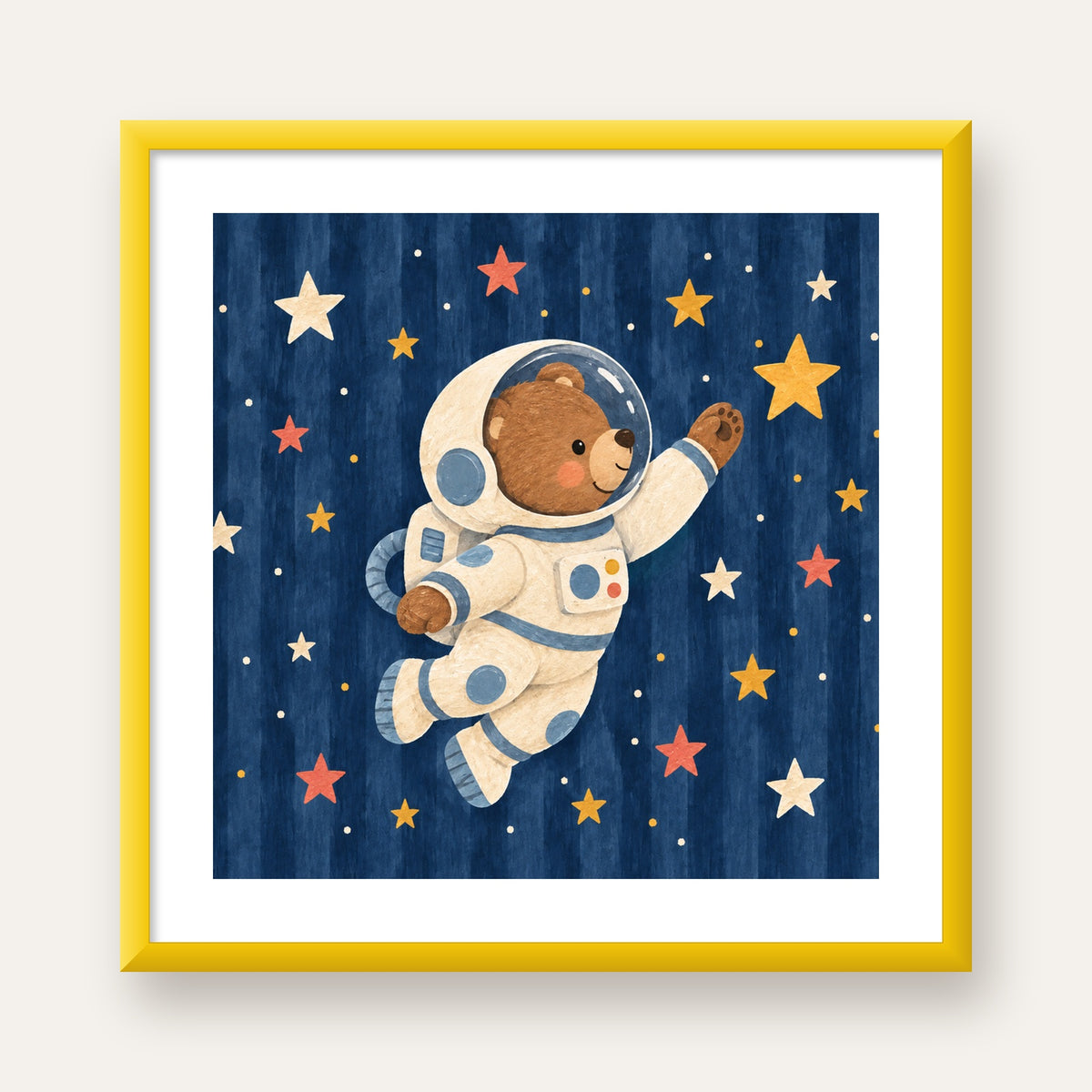 Astronot Ayıcık ve Yıldızlar Pastel Dijital Poster — sarı çerçeveli paspartulu