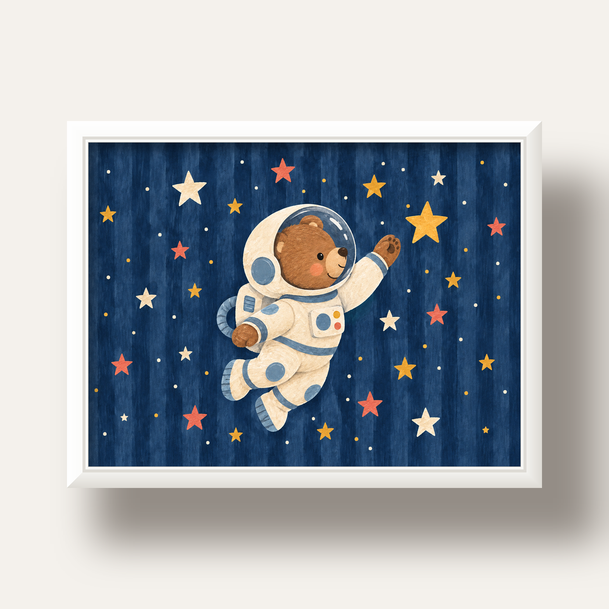 Astronot Ayıcık ve Yıldızlar Pastel Dijital Poster — beyaz derin çerçeveli