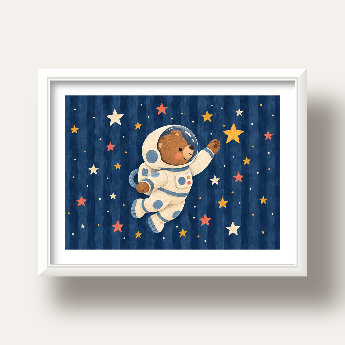 Astronot Ayıcık ve Yıldızlar Pastel Dijital Poster — beyaz derin çerçeveli paspartulu