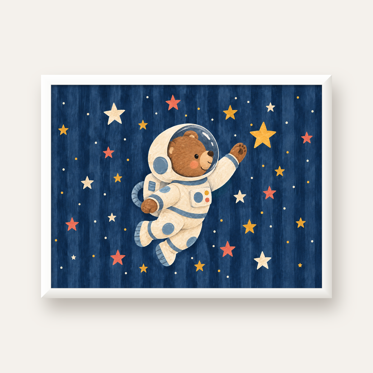 Astronot Ayıcık ve Yıldızlar Pastel Dijital Poster — beyaz çerçeveli yatay poster