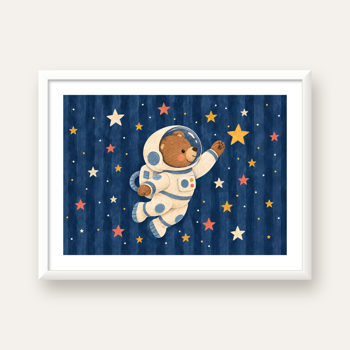 Astronot Ayıcık ve Yıldızlar Pastel Dijital Poster — beyaz çerçeveli yatay poster