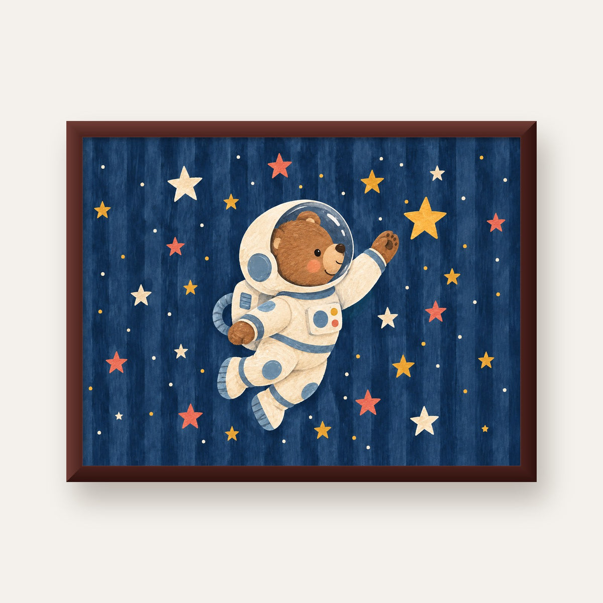 Astronot Ayıcık ve Yıldızlar Pastel Dijital Poster — ceviz çerçeveli
