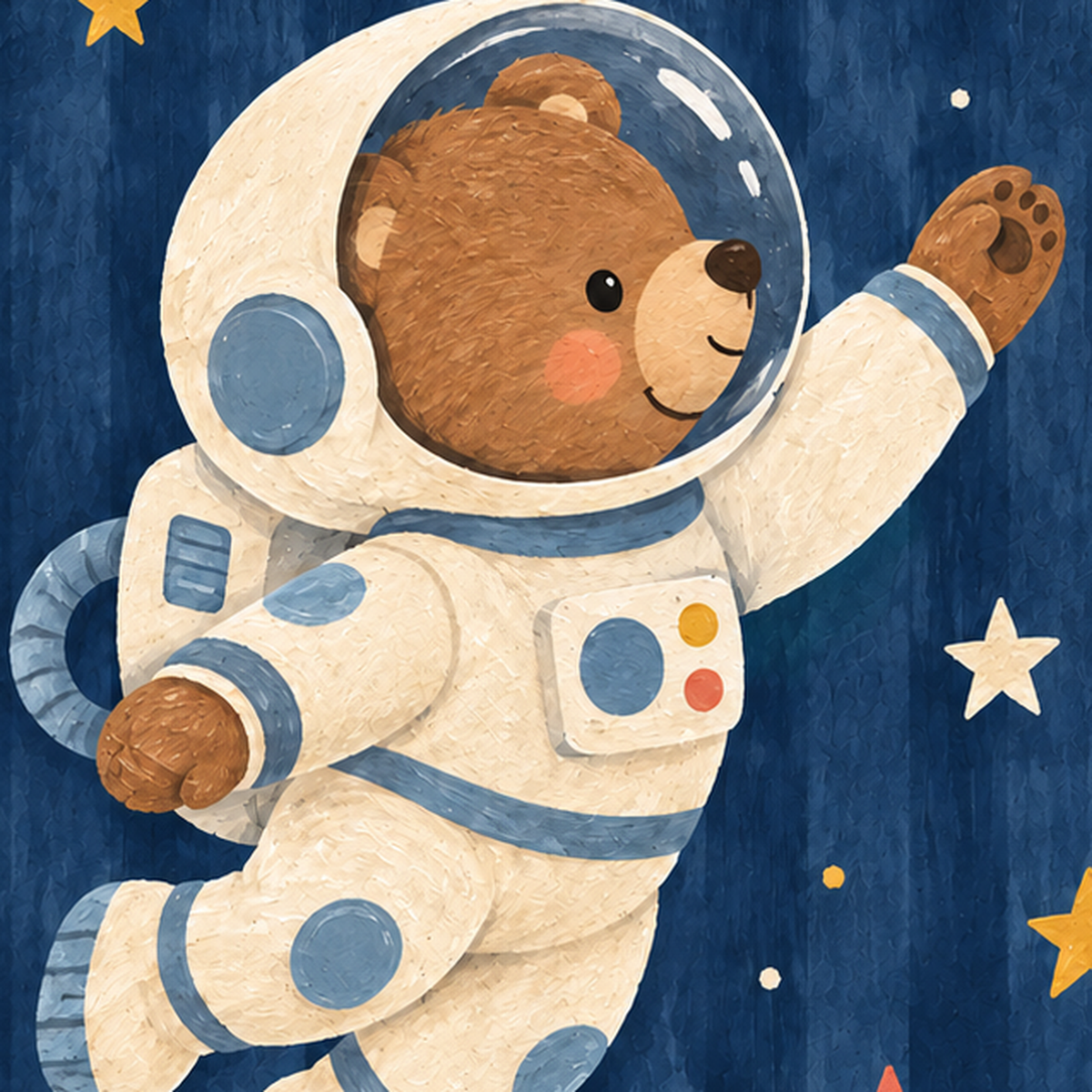 Astronot Ayıcık ve Yıldızlar Pastel Dijital Poster — baskının yakın çekimi, kâğıt dokusu ve renk detayı