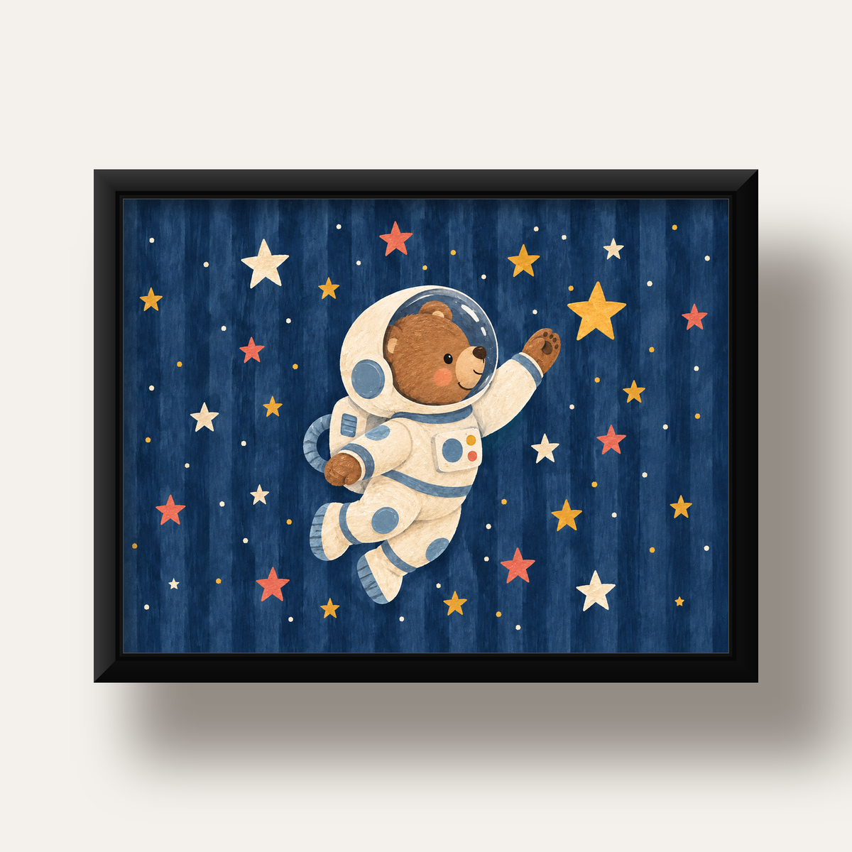 Astronot Ayıcık ve Yıldızlar Pastel Dijital Poster — siyah derin çerçeveli