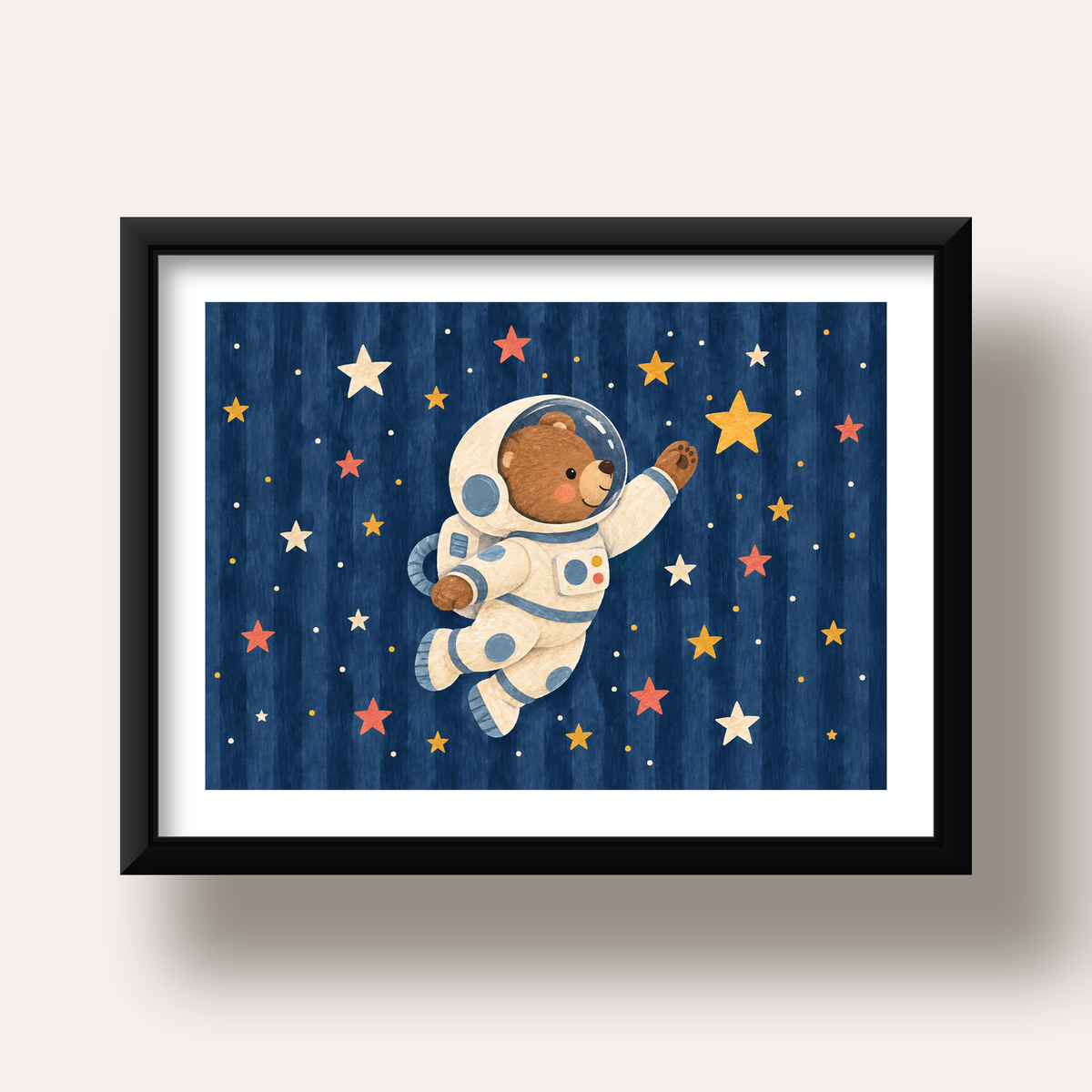 Astronot Ayıcık ve Yıldızlar Pastel Dijital Poster — siyah derin çerçeveli paspartulu