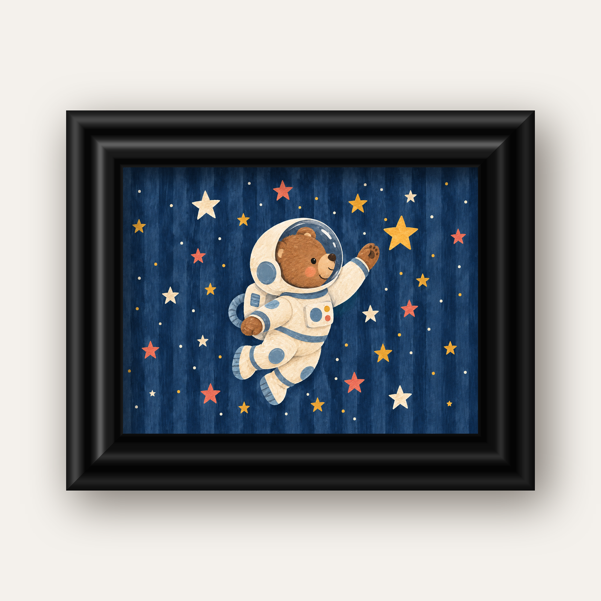 Astronot Ayıcık ve Yıldızlar Pastel Dijital Poster — siyah galeri çerçeveli