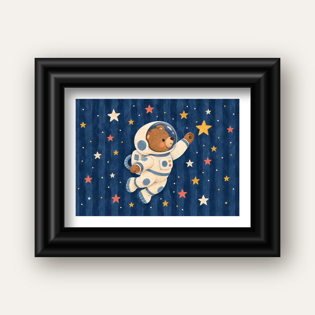 Astronot Ayıcık ve Yıldızlar Pastel Dijital Poster — siyah galeri çerçeveli paspartulu