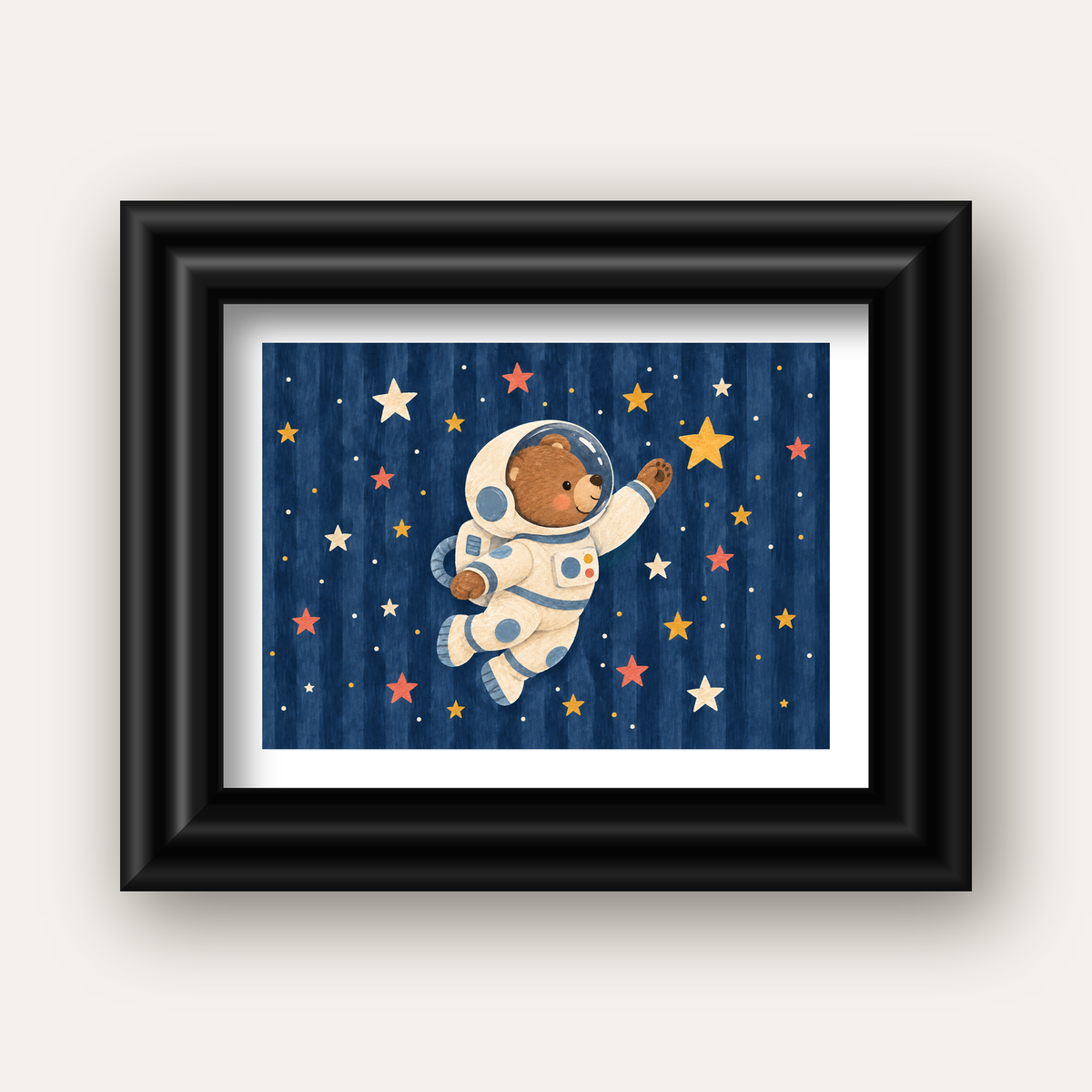 Astronot Ayıcık ve Yıldızlar Pastel Dijital Poster — siyah galeri çerçeveli paspartulu