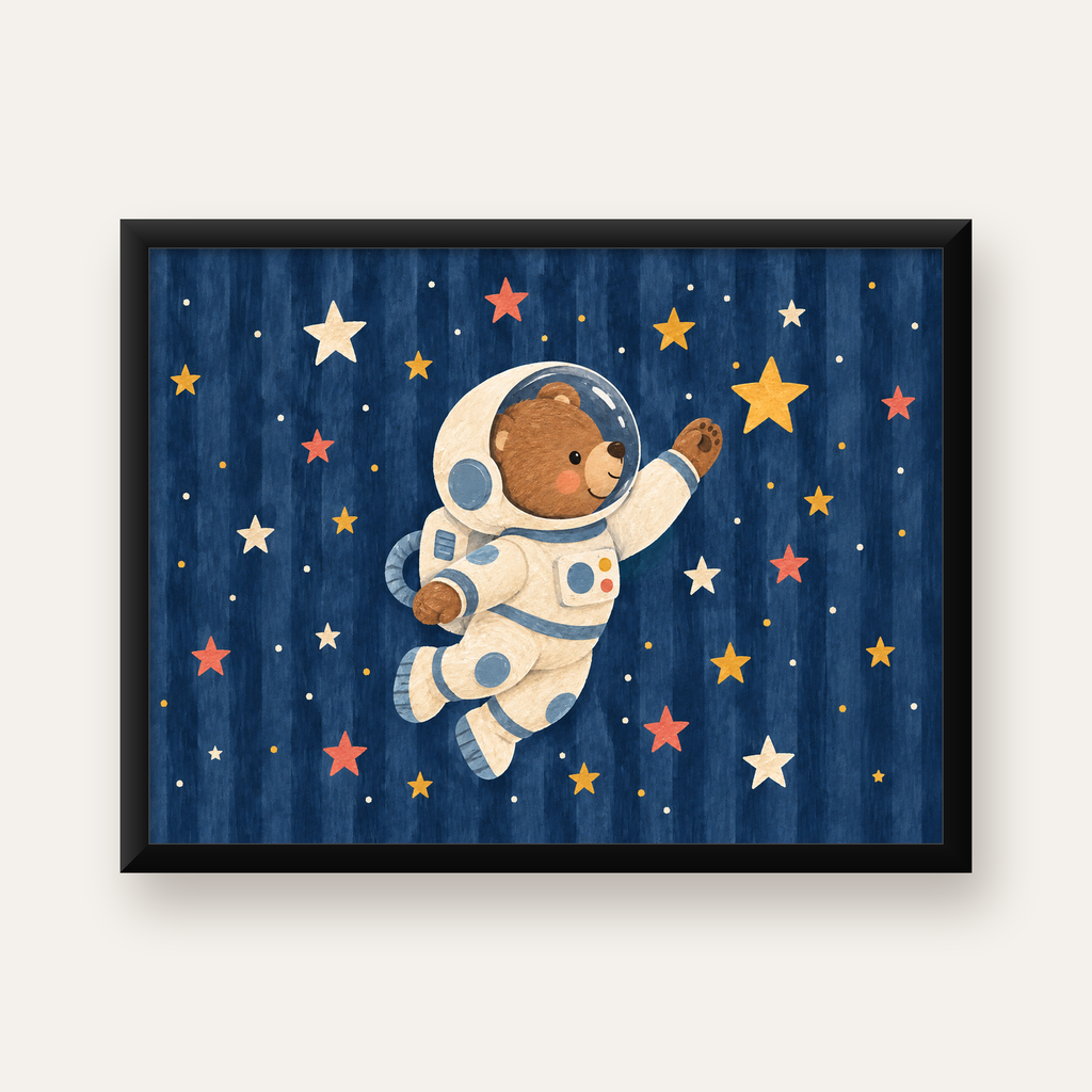 Astronot Ayıcık ve Yıldızlar Pastel Dijital Poster — Yatay baskı, düz siyah çerçeveli duvar posteri