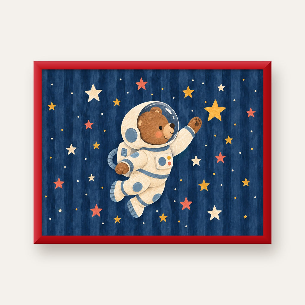 Astronot Ayıcık ve Yıldızlar Pastel Dijital Poster — kırmızı çerçeveli