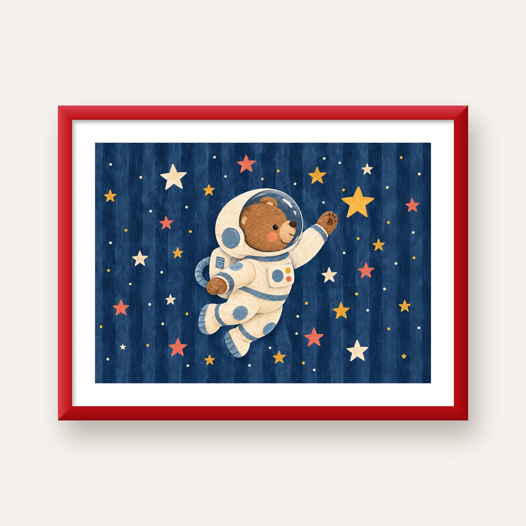 Astronot Ayıcık ve Yıldızlar Pastel Dijital Poster — kırmızı çerçeveli paspartulu