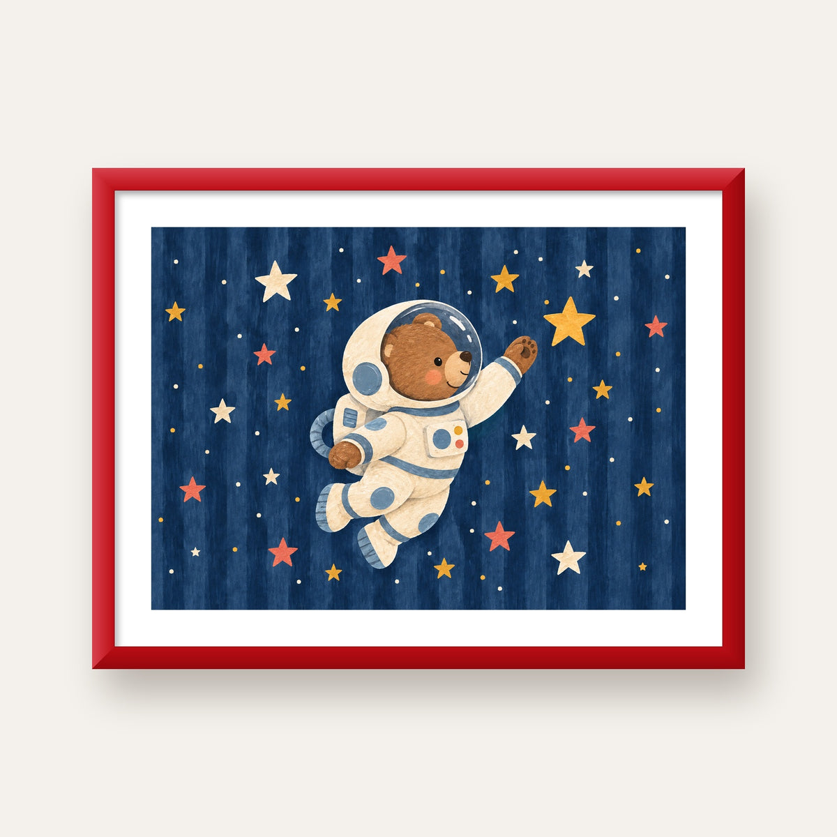 Astronot Ayıcık ve Yıldızlar Pastel Dijital Poster — kırmızı çerçeveli paspartulu