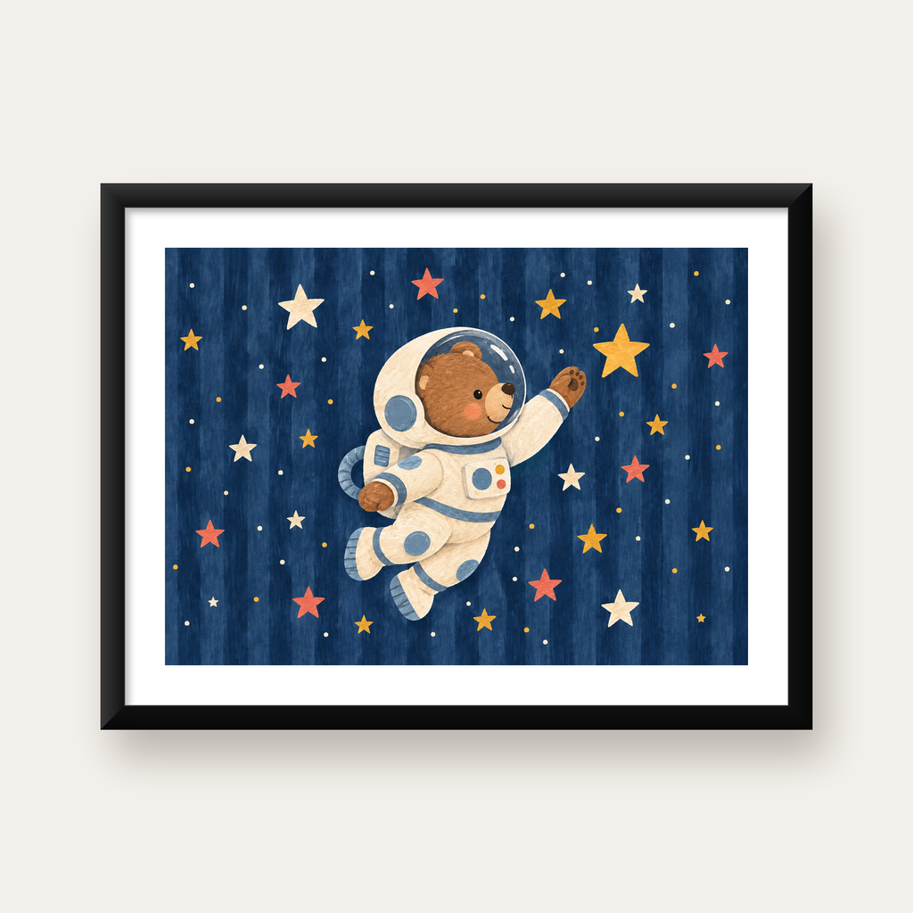Astronot Ayıcık ve Yıldızlar Pastel Dijital Poster — Yatay baskı, beyaz kenar boşluklu