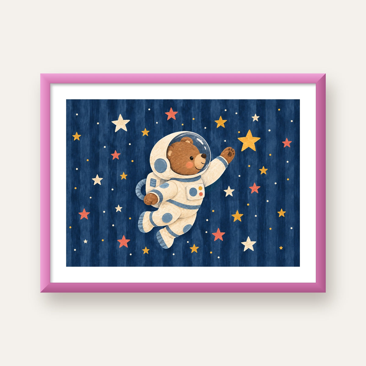 Astronot Ayıcık ve Yıldızlar Pastel Dijital Poster — pembe çerçeveli paspartulu