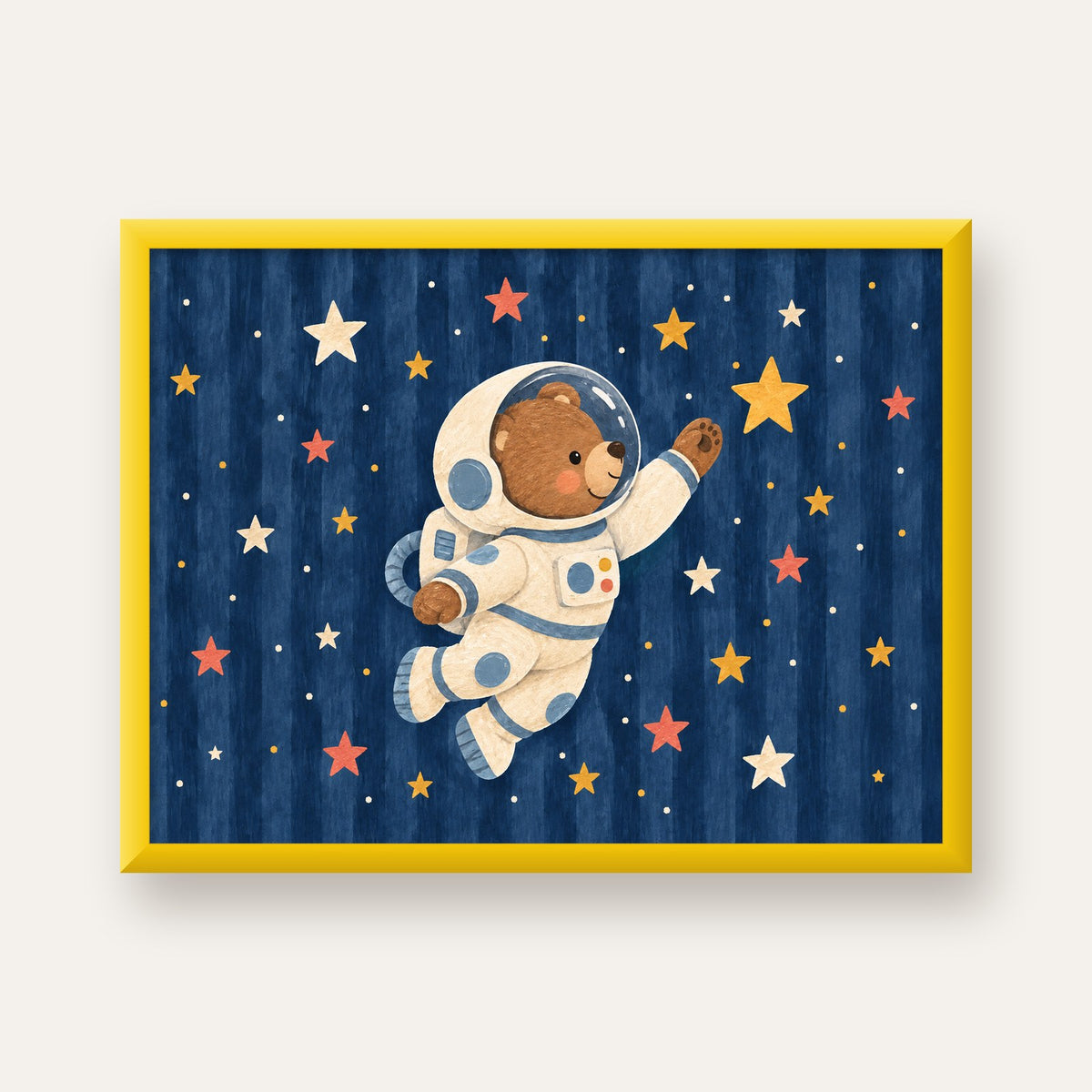 Astronot Ayıcık ve Yıldızlar Pastel Dijital Poster — sarı çerçeveli