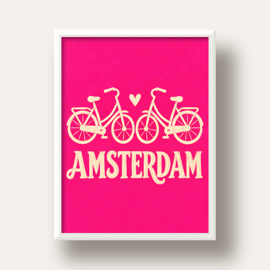 Amsterdam Temalı Bisiklet İllüstrasyonlu Canlı Pembe Poster — beyaz derin çerçeveli