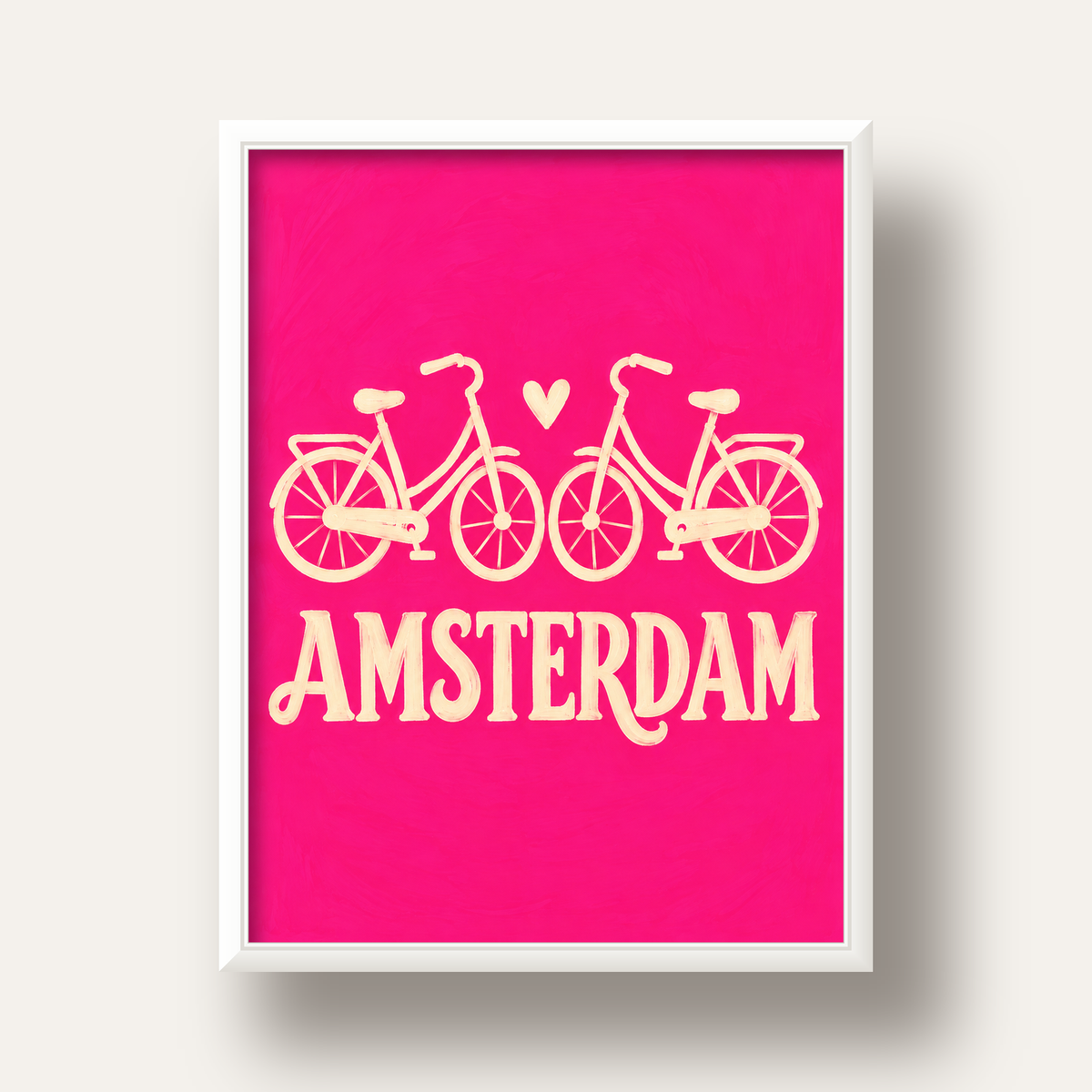 Amsterdam Temalı Bisiklet İllüstrasyonlu Canlı Pembe Poster — beyaz derin çerçeveli