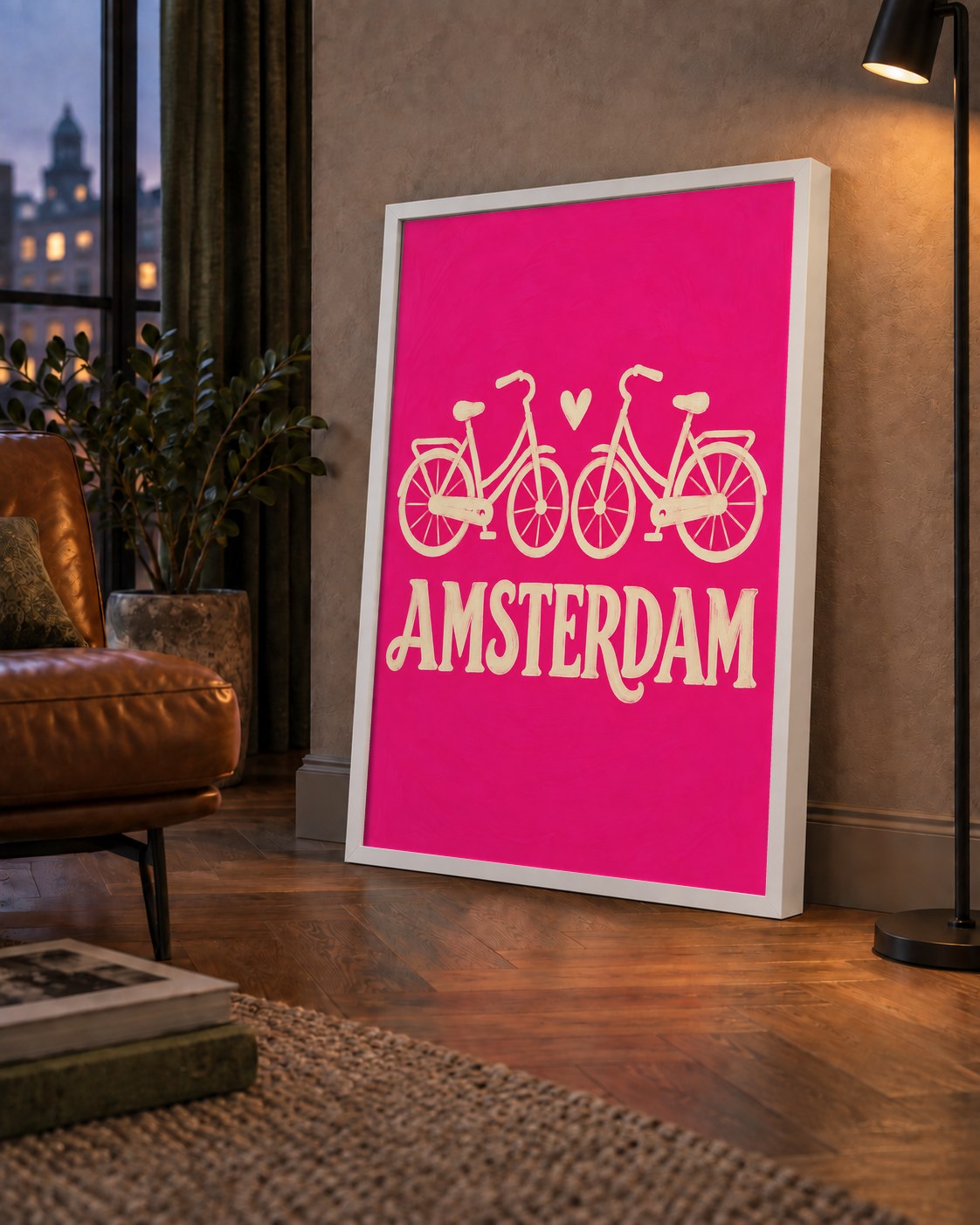 Amsterdam Temalı Bisiklet İllüstrasyonlu Canlı Pembe Poster — çerçeveli hâliyle bir ev duvarında