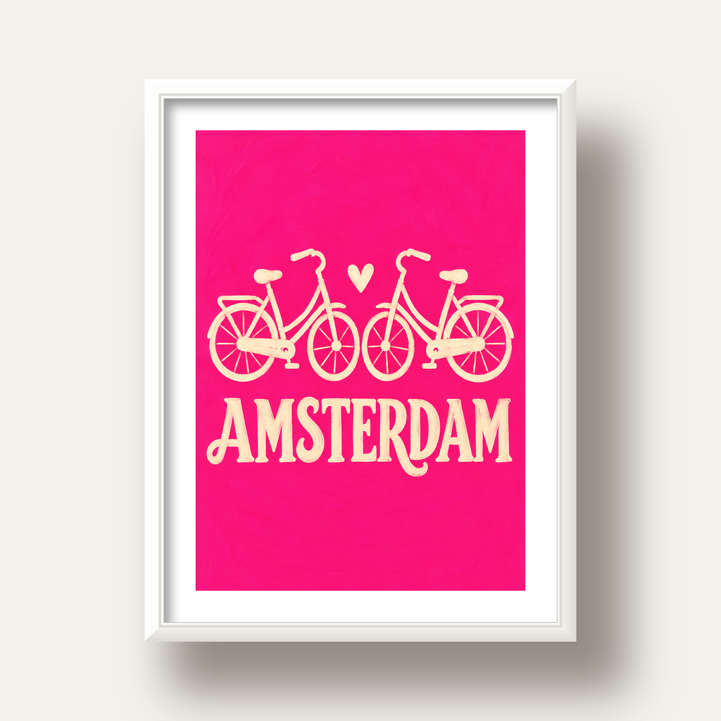 Amsterdam Temalı Bisiklet İllüstrasyonlu Canlı Pembe Poster — beyaz derin çerçeveli paspartulu