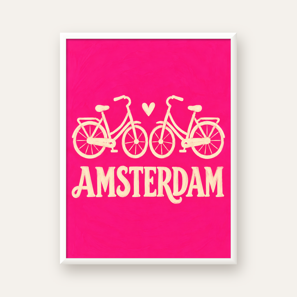 Amsterdam Temalı Bisiklet İllüstrasyonlu Canlı Pembe Poster — beyaz çerçeveli dikey poster