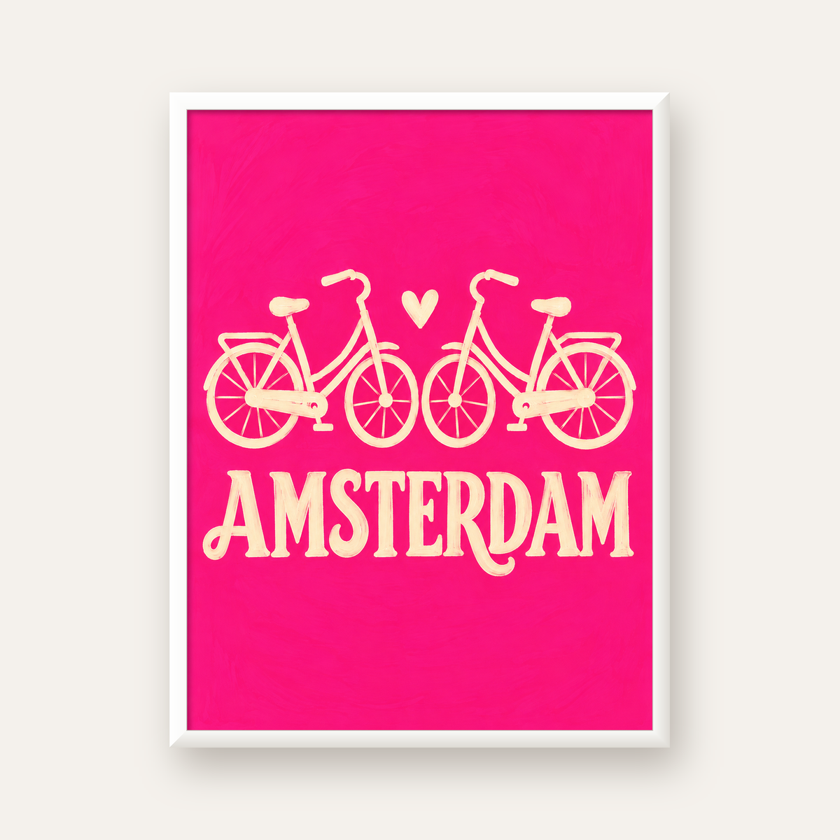 Amsterdam Temalı Bisiklet İllüstrasyonlu Canlı Pembe Poster — beyaz çerçeveli dikey poster