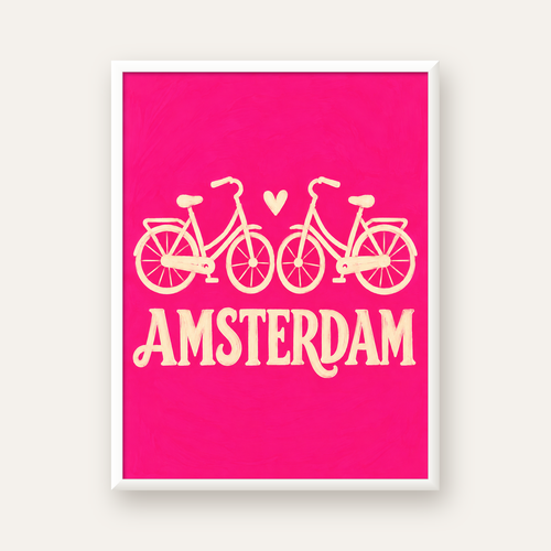 Amsterdam Temalı Bisiklet İllüstrasyonlu Canlı Pembe Poster — beyaz çerçeveli dikey poster