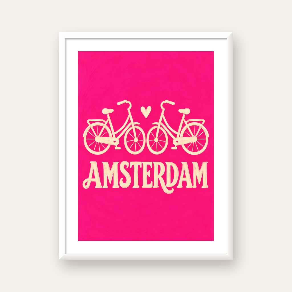 Amsterdam Temalı Bisiklet İllüstrasyonlu Canlı Pembe Poster — beyaz çerçeveli dikey poster