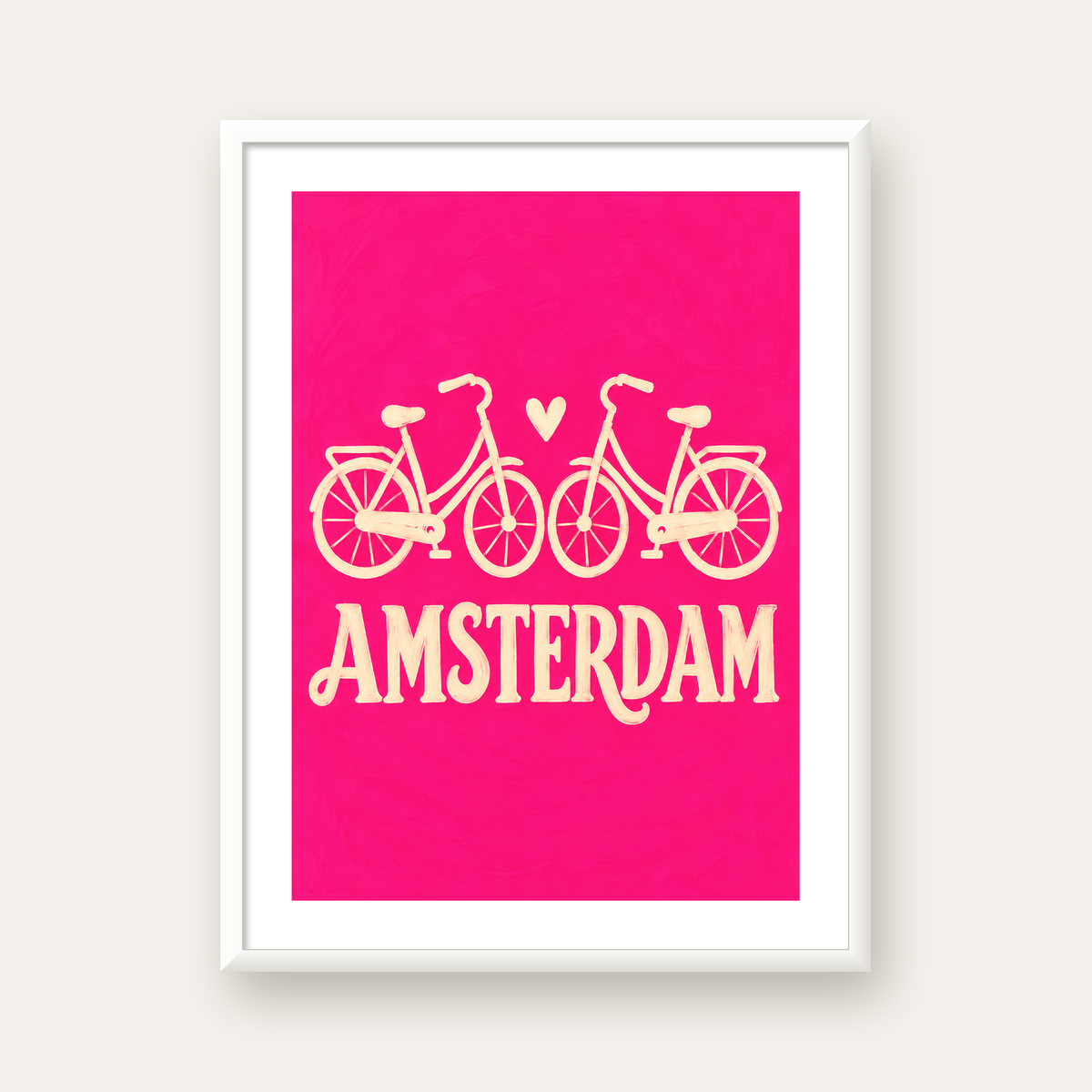 Amsterdam Temalı Bisiklet İllüstrasyonlu Canlı Pembe Poster — beyaz çerçeveli dikey poster