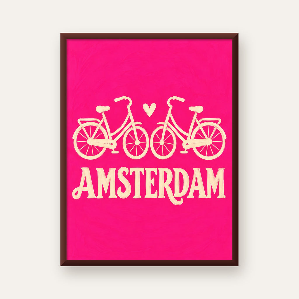 Amsterdam Temalı Bisiklet İllüstrasyonlu Canlı Pembe Poster — ceviz çerçeveli