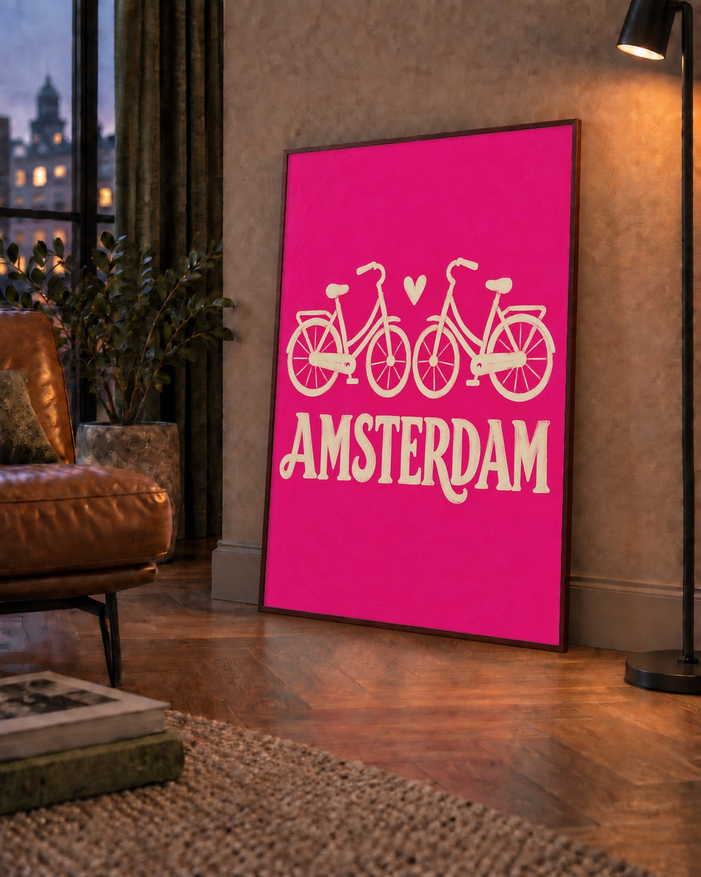 Amsterdam Temalı Bisiklet İllüstrasyonlu Canlı Pembe Poster — çerçeveli hâliyle bir ev duvarında