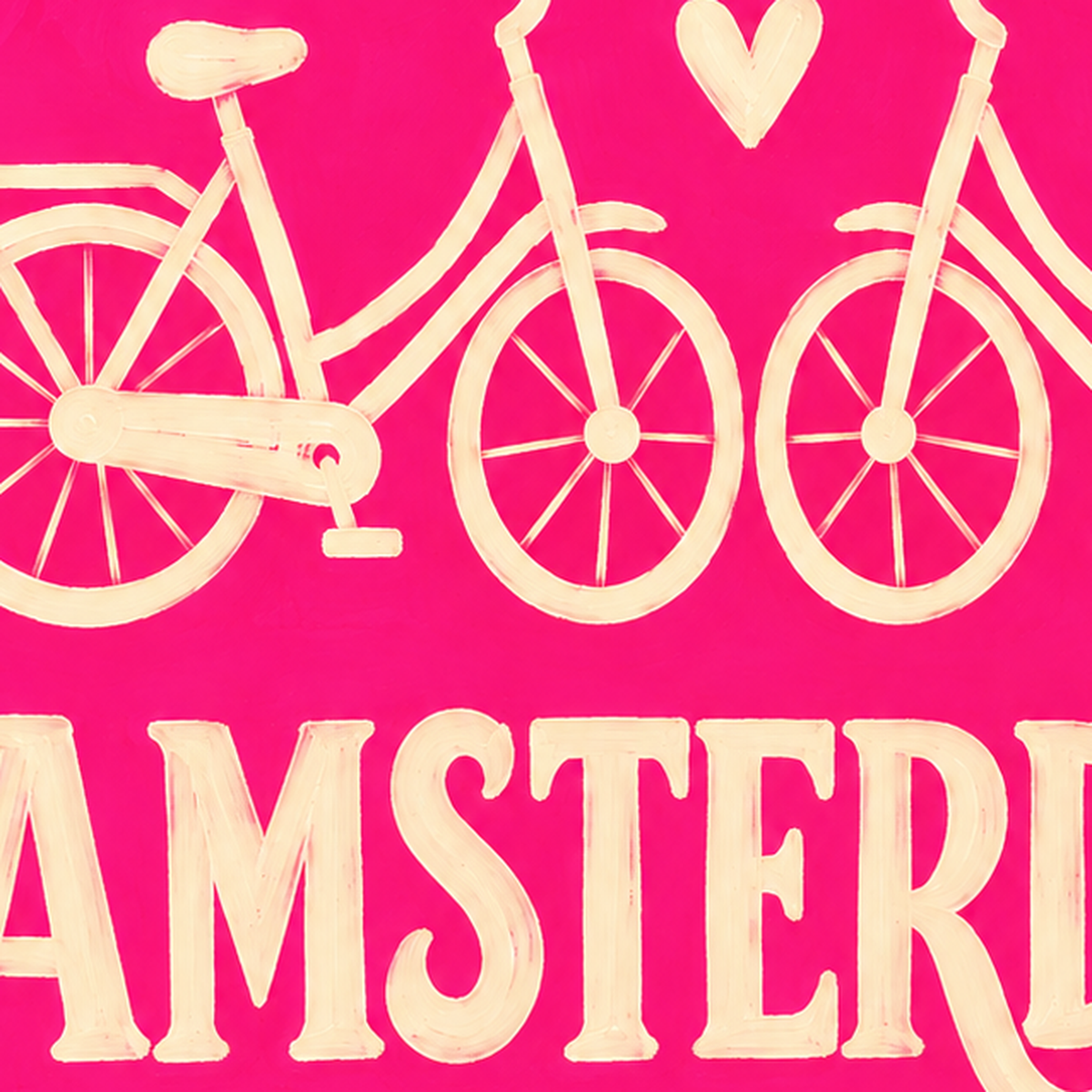 Amsterdam Temalı Bisiklet İllüstrasyonlu Canlı Pembe Poster — baskının yakın çekimi, kâğıt dokusu ve renk detayı