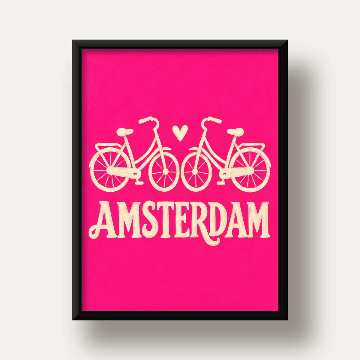 Amsterdam Temalı Bisiklet İllüstrasyonlu Canlı Pembe Poster — siyah derin çerçeveli