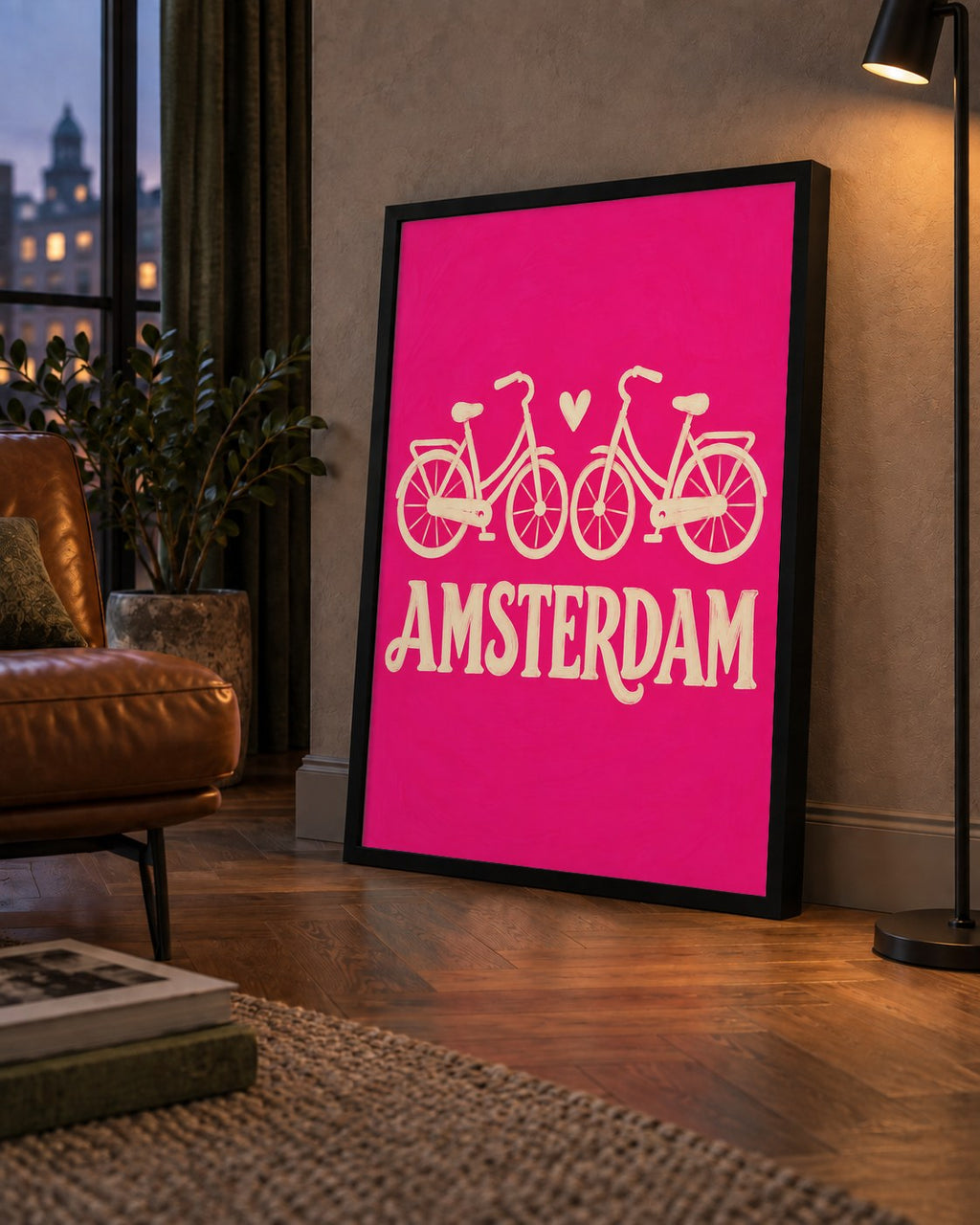 Amsterdam Temalı Bisiklet İllüstrasyonlu Canlı Pembe Poster — çerçeveli hâliyle bir ev duvarında
