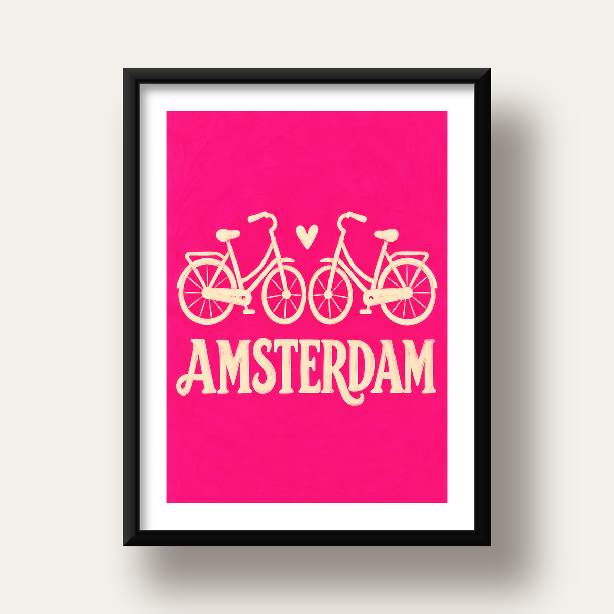 Amsterdam Temalı Bisiklet İllüstrasyonlu Canlı Pembe Poster — siyah derin çerçeveli paspartulu