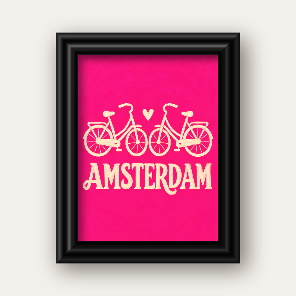 Amsterdam Temalı Bisiklet İllüstrasyonlu Canlı Pembe Poster — siyah galeri çerçeveli