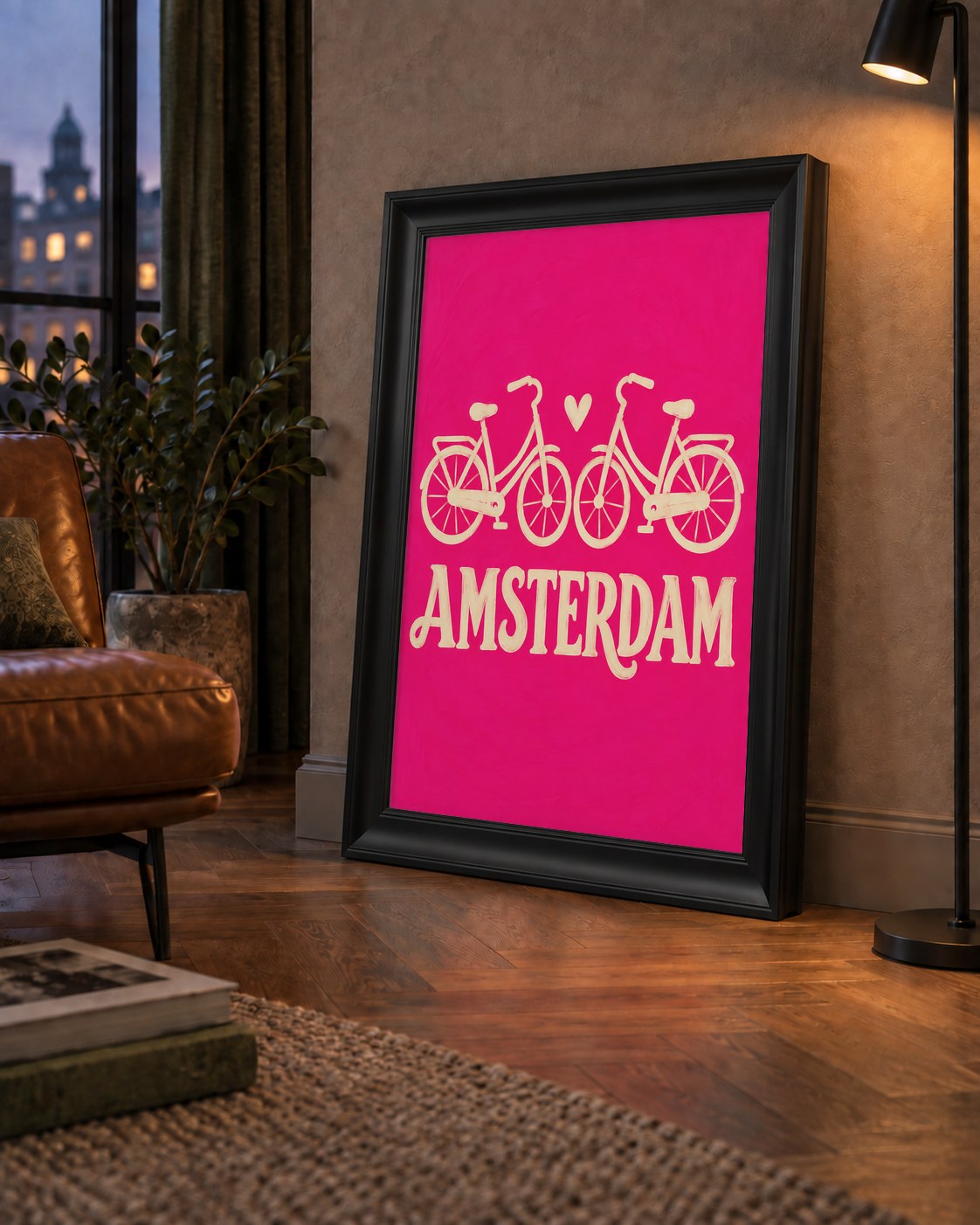 Amsterdam Temalı Bisiklet İllüstrasyonlu Canlı Pembe Poster — çerçeveli hâliyle bir ev duvarında