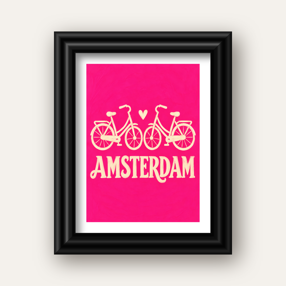 Amsterdam Temalı Bisiklet İllüstrasyonlu Canlı Pembe Poster — siyah galeri çerçeveli paspartulu