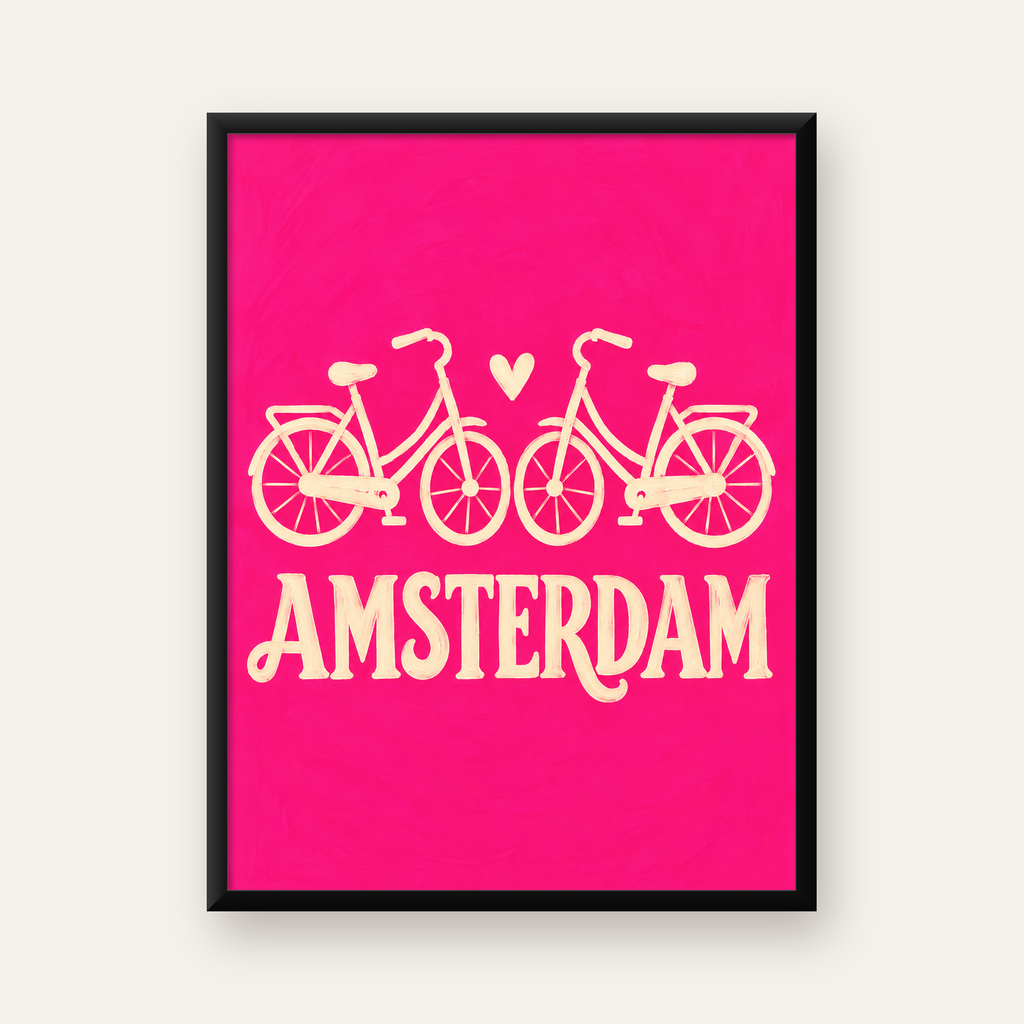 Amsterdam Temalı Bisiklet İllüstrasyonlu Canlı Pembe Poster — Dikey baskı, düz siyah çerçeveli duvar posteri