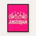 Amsterdam Temalı Bisiklet İllüstrasyonlu Canlı Pembe Poster — Dikey baskı, düz siyah çerçeveli duvar posteri