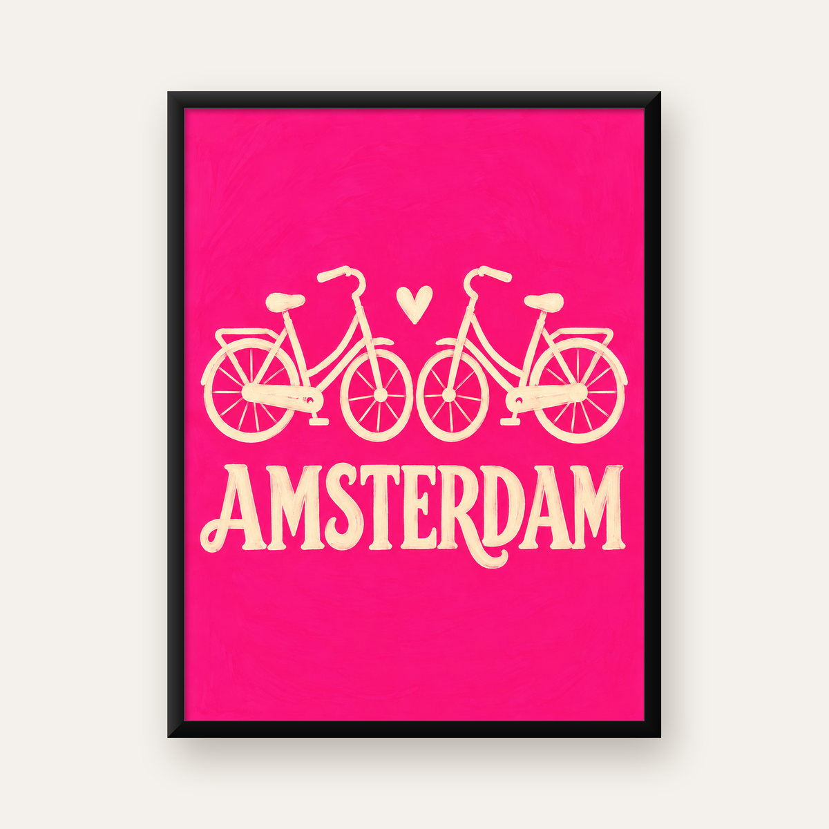 Amsterdam Temalı Bisiklet İllüstrasyonlu Canlı Pembe Poster — Dikey baskı, düz siyah çerçeveli duvar posteri
